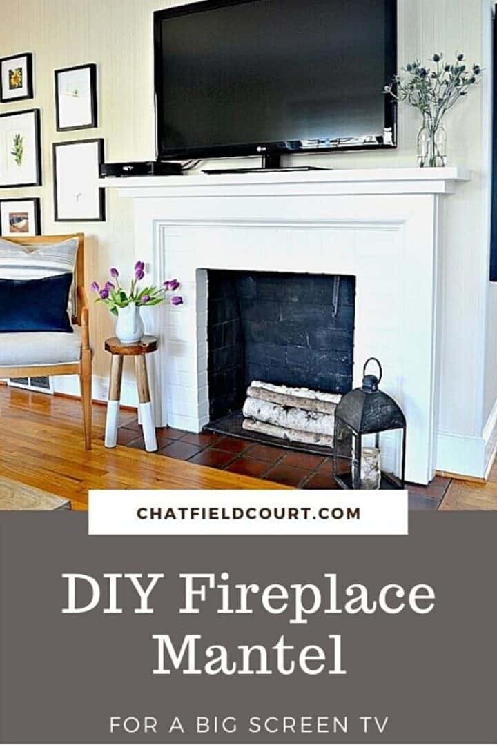 white fireplace with big screen tv on mantel, and large graphic