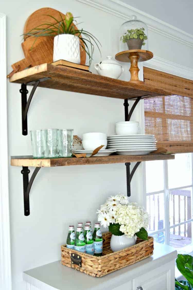 DIY Kitchen Open Shelving for Under $50 How to add beautiful DIY open shelving in the kitchen for under $50. A great way to add rustic, farmhouse charm instead of cabinets in the kitchen. www.chatfieldcourt.com