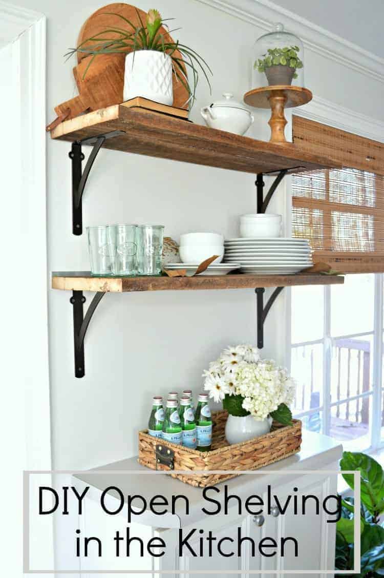 Easy DIY open shelving n a kitchen and dining area for under $50. A great and inexpensive way to add storage to a small space. Chatfield Court