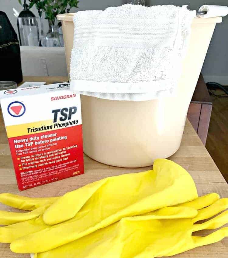 box of TSP, yellow rubber gloves and bucket