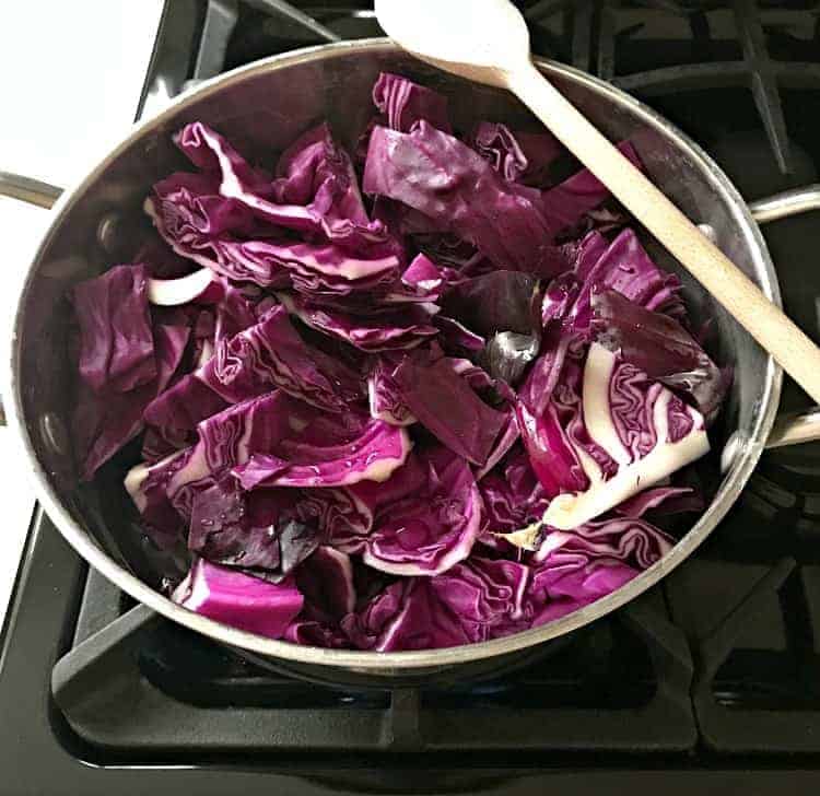 red cabbage cut up in pot on stove