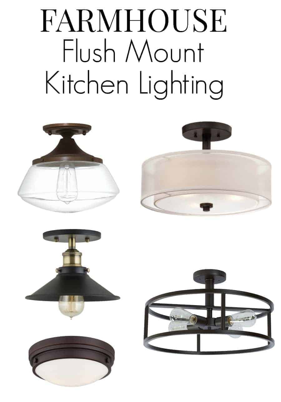 collage of 5 farmhouse kitchen light fixtures with a large graphic