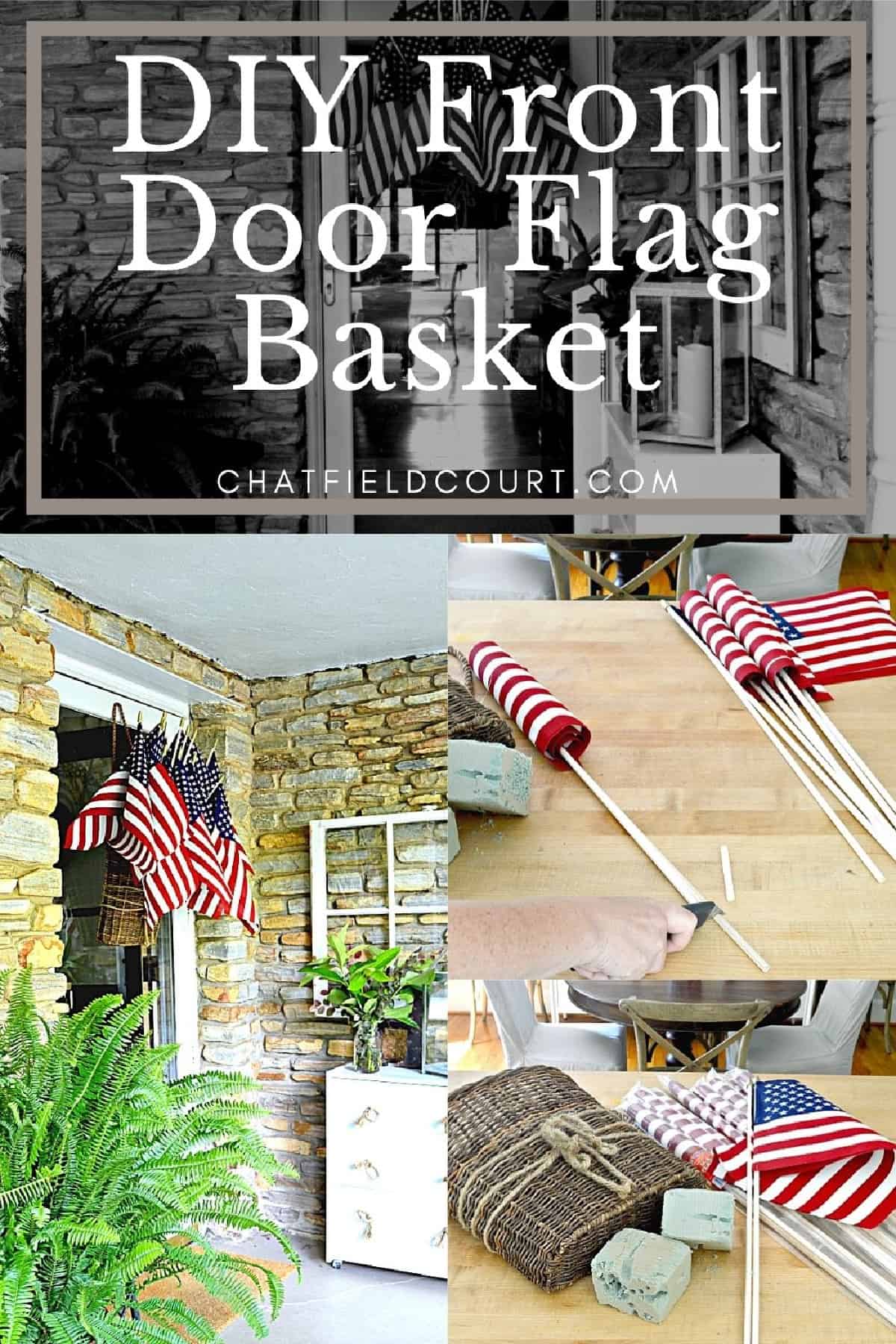 hanging front door flag basket and large graphic
