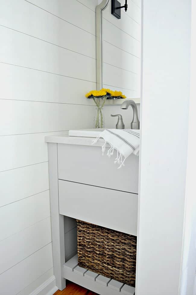 Vanity complete in closet turned powder room project.