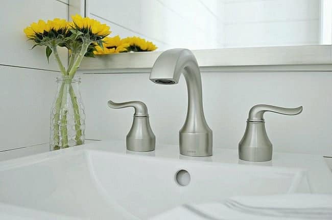 DIY Small Bathroom Vanity faucet installed shot A new Moen faucet installed in our DIY powder room vanity.