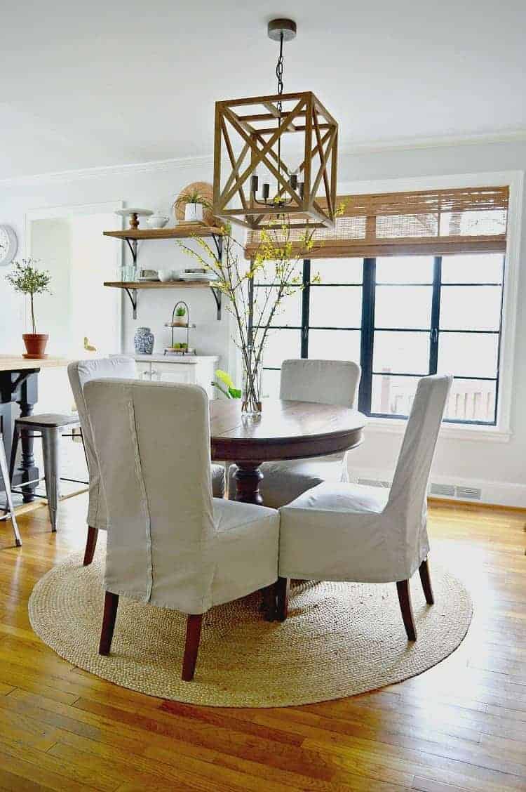 Natural fiber area rugs add texture and warmth to a small dining area. 