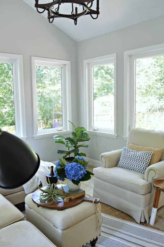 Corner of sunroom with chair and fiddle leaf fig tree.