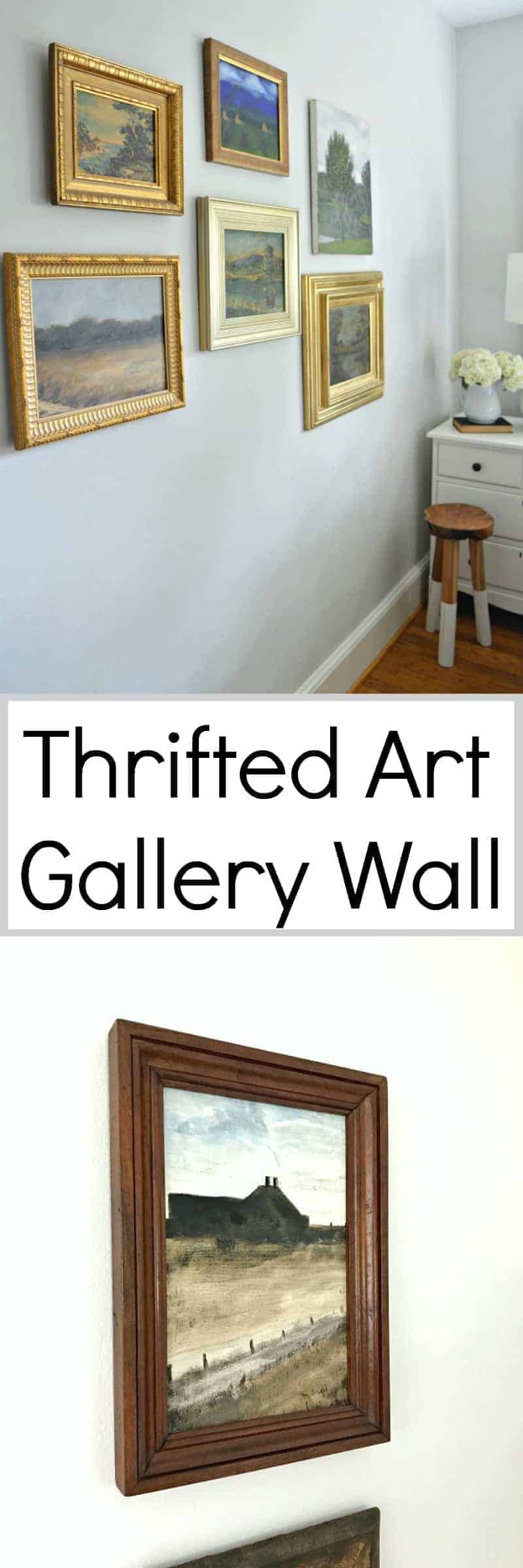 How to use thrift store art to make a gallery wall in a master bedroom. A fun way to repurpose old art from thrift stores and flea markets