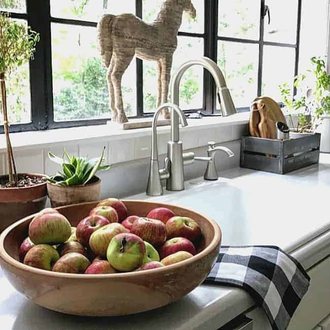 Decorating the kitchen for fall with buffalo check as well as natural elements like apples and plants.