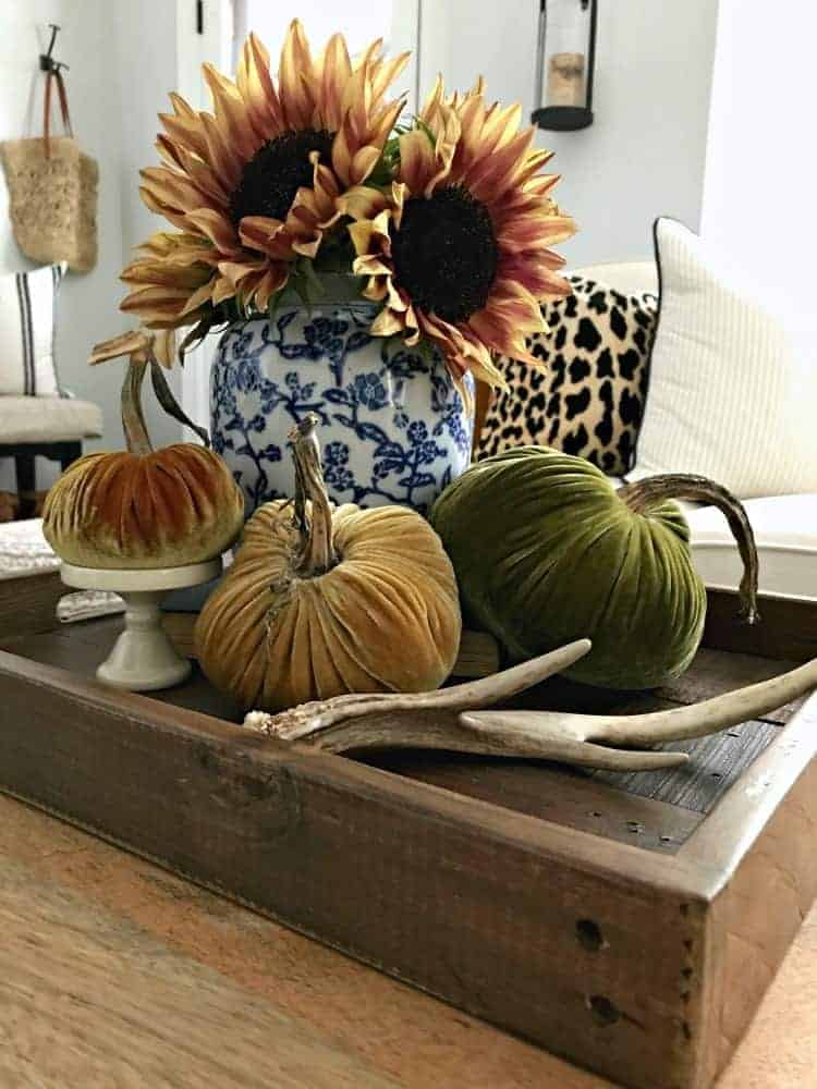 fall vignette on wood tray