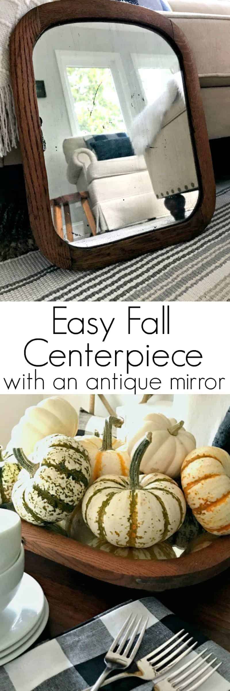 collage with thrifted wood mirror and pumpkins, and a large graphic