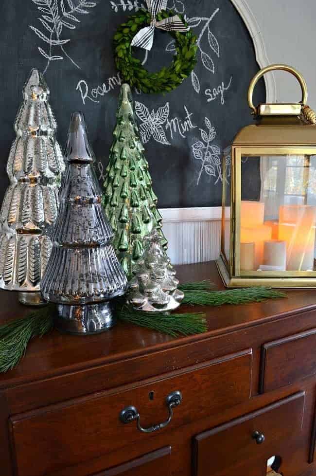 Christmas dining room buffet with mercury glass 