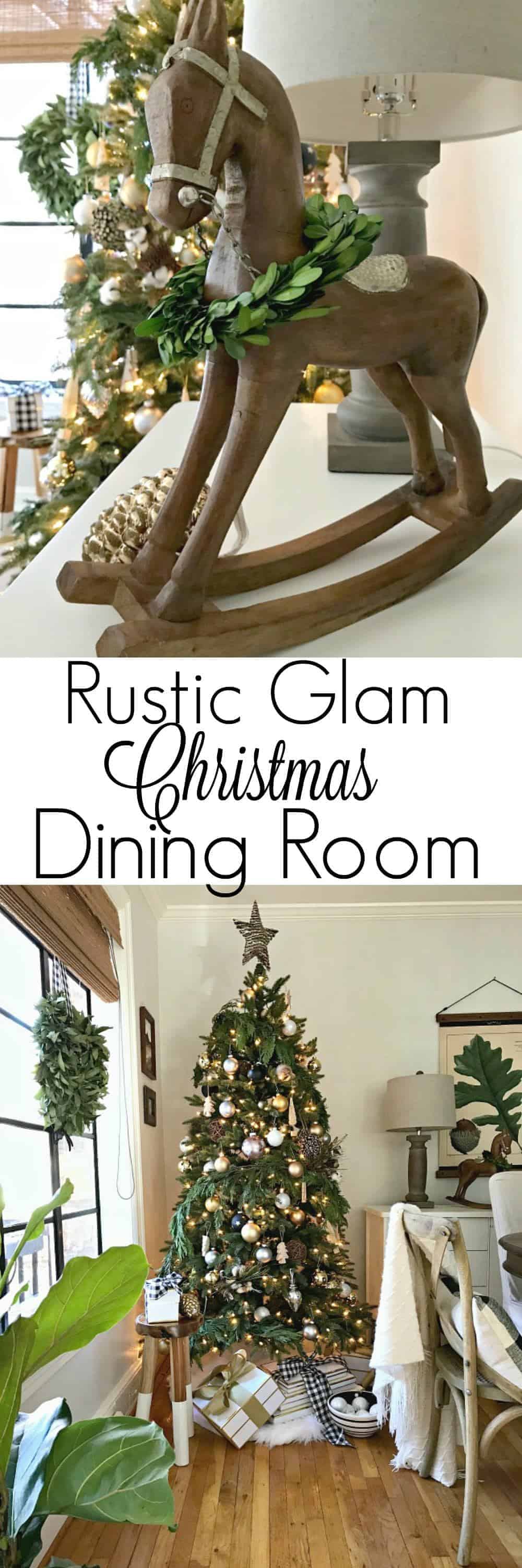 rustic glam Christmas tree and wood rocking horse in dining room