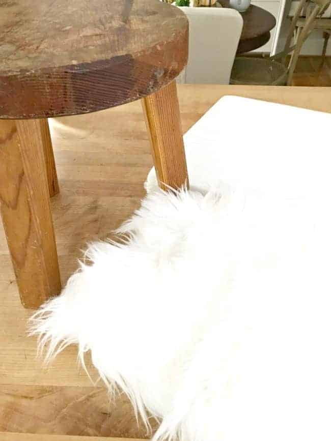 wood stool, faux fur, foam