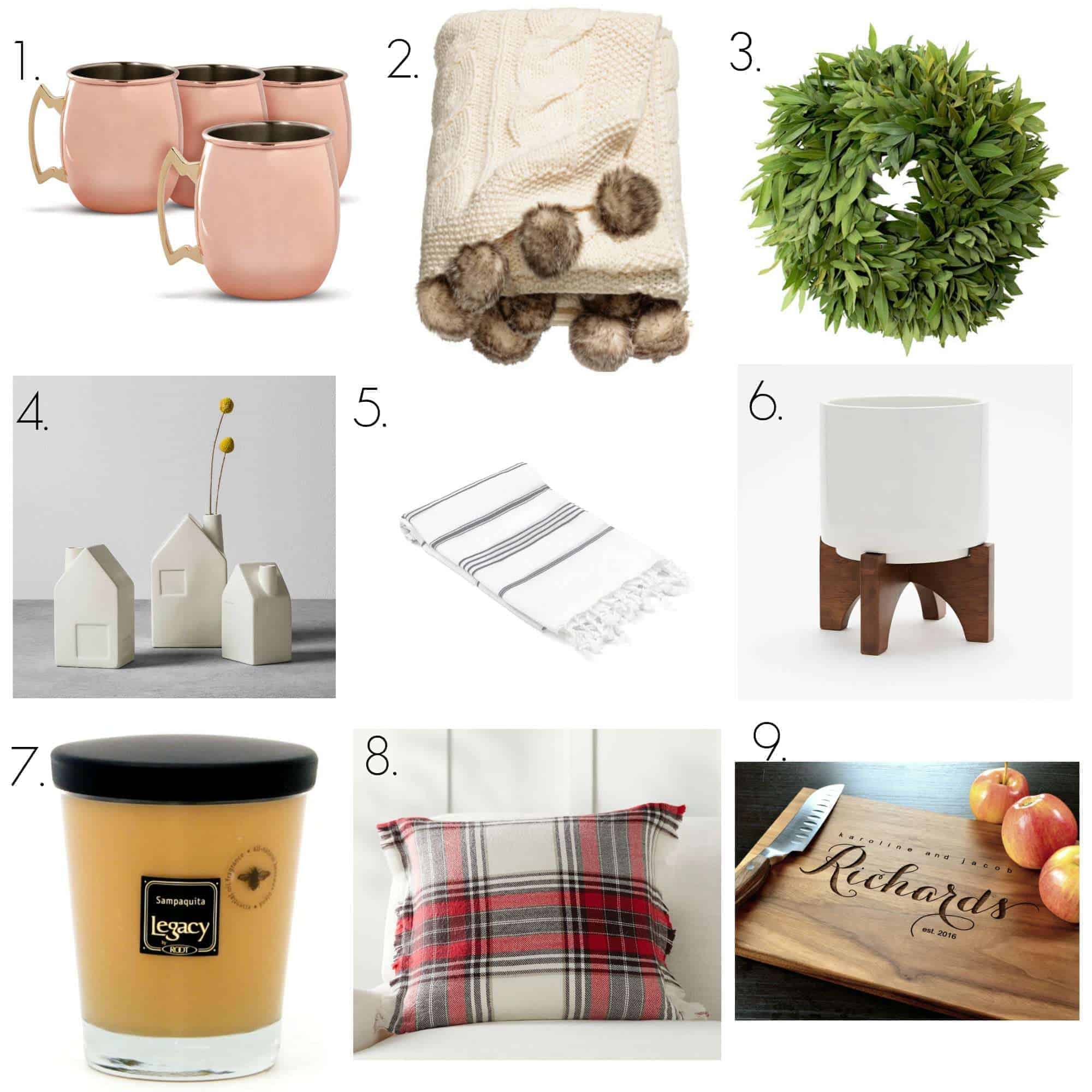 collage of Christmas gifts for the home like copper mugs and plaid pillows