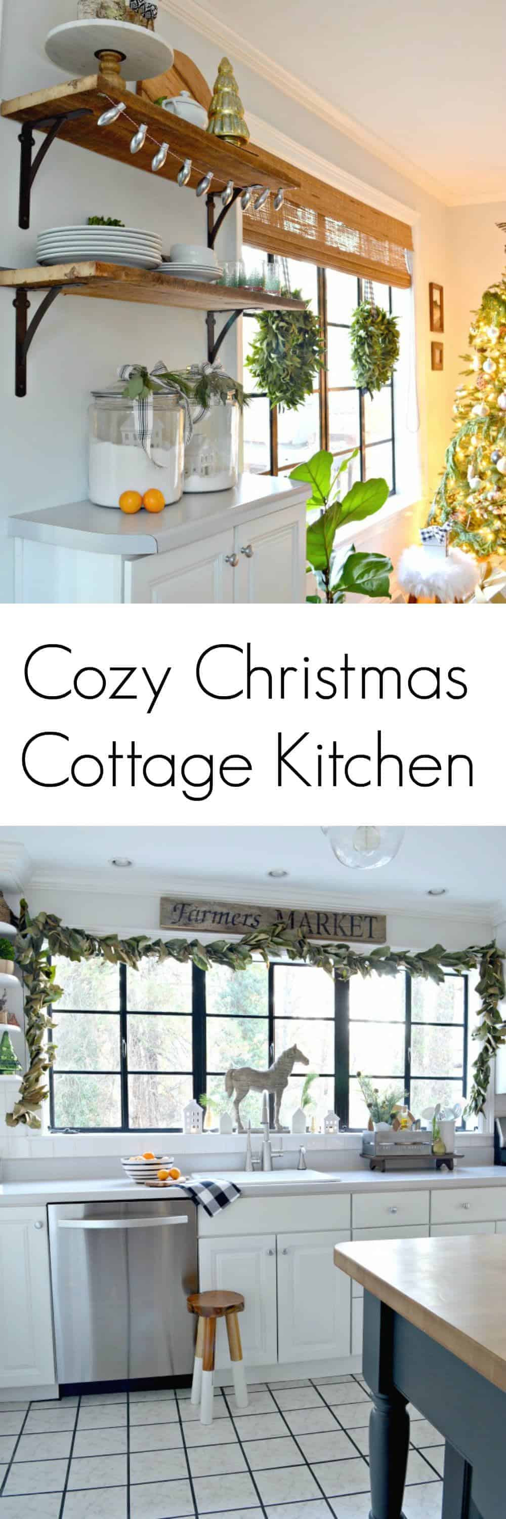 cottage Christmas kitchen window and wood shelves