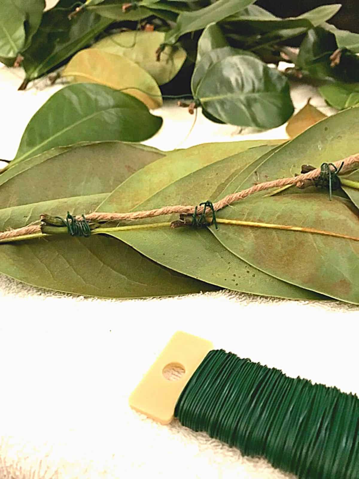 DIY Magnolia Leaf Garland pic magnolia leaves and floral wire