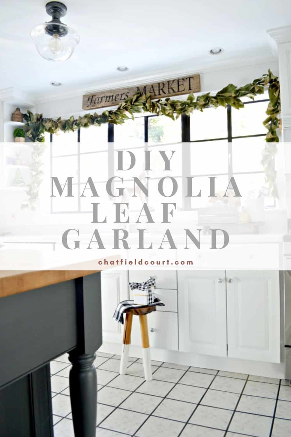 DIY magnolia leaf garland hanging on a window in a white kitchen