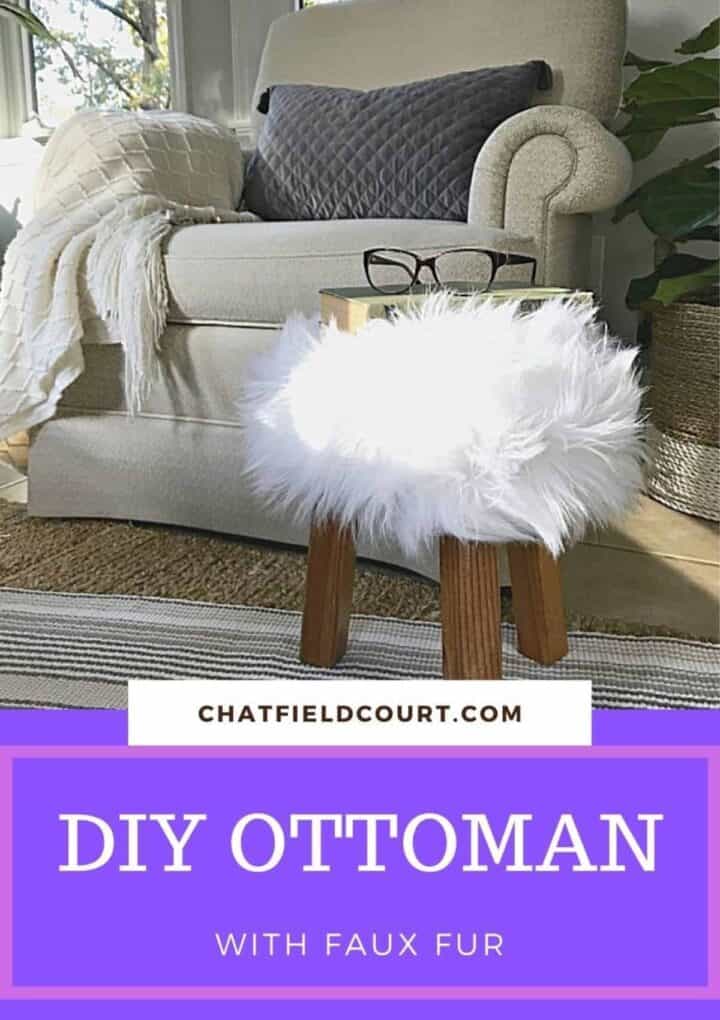 DIY ottoman with faux fur next to an arm chair