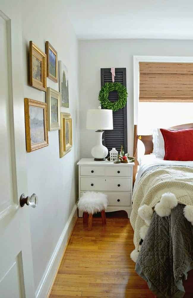 christmas bedroom nightstand and furry stool