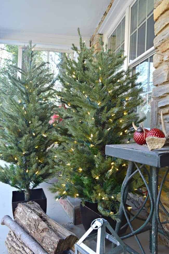 christmas front porch trees and twig table