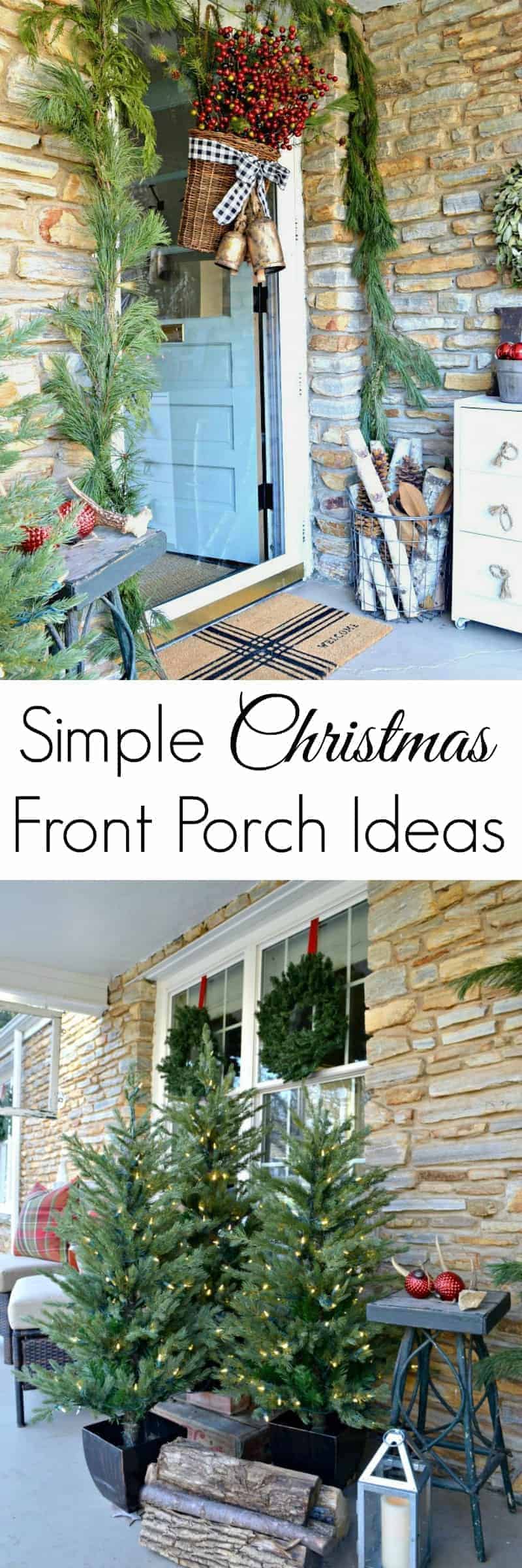 christmas front porch door and trees with large graphic