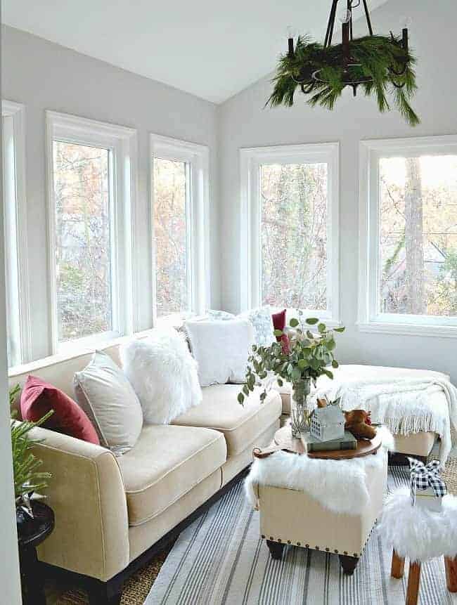 sunroom christmas decor and sectional sofa