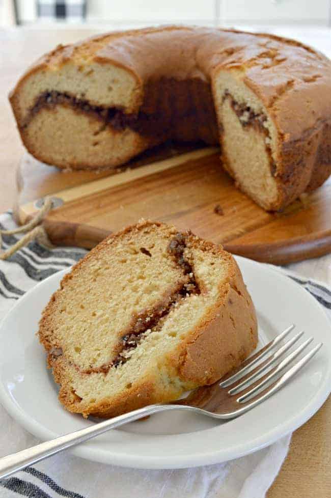 slice of sour cream coffee cake with a fork