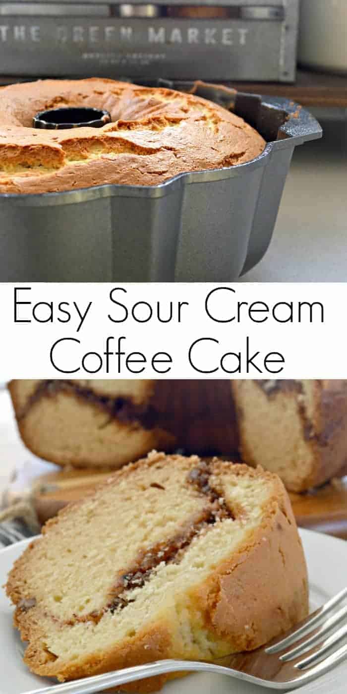 sour cream coffee cake in bundt pan and slice of cake with fork with text banner