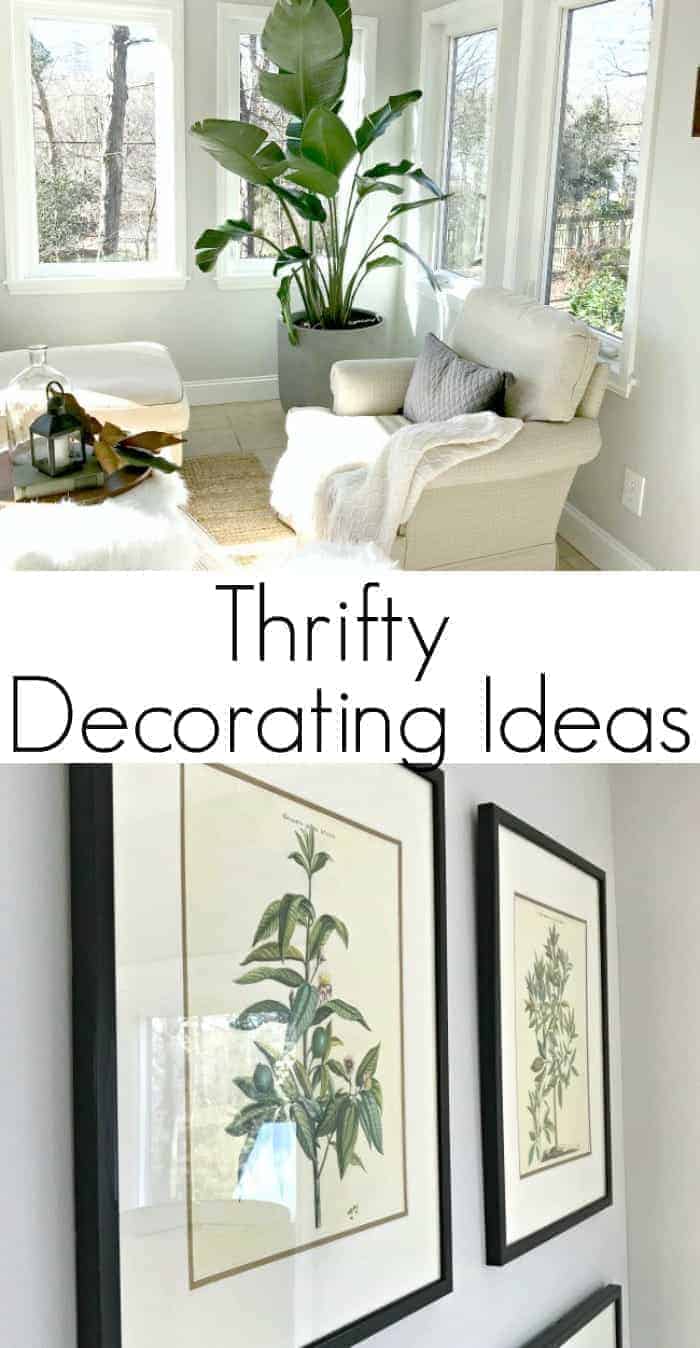 collage of thrifty decorating ideas in a sunroom and a large graphic