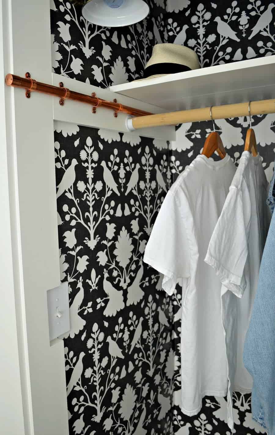 small bedroom closet with dark wallpaper and copper rod 