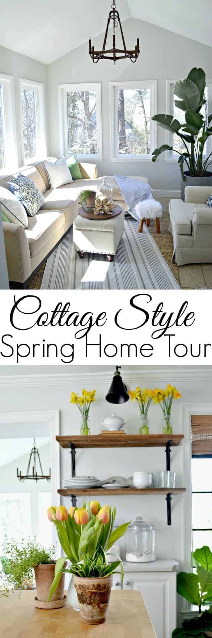 sunroom decorated with spring with a sectional sofa and striped rug plus yellow tulips on a butcher block kitchen island with wood shelves behind it