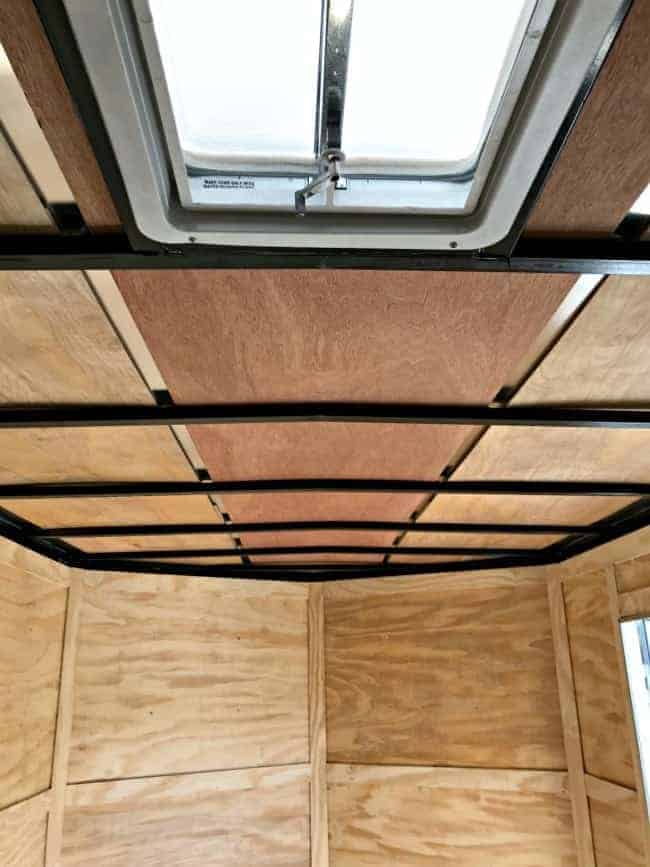 underlayment installed in RV ceiling before wood plank ceiling is installed