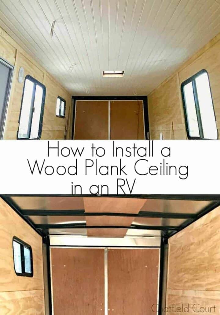 tongue and groove plank ceiling installation in RV before and after