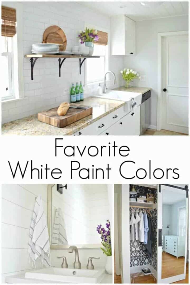 Favorite white paint colors in a white kitchen, small powder room with white planks on wall, closet with wallpaper and sliding barn door