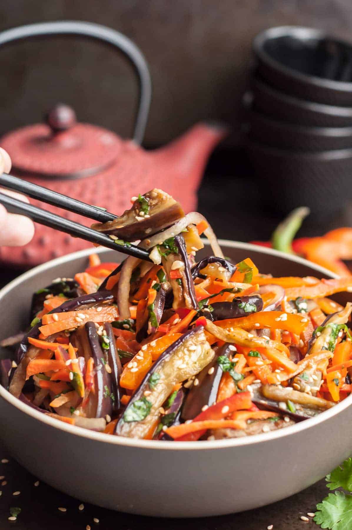 an Asian eggplant salad that is part of the 15 cold summer salads