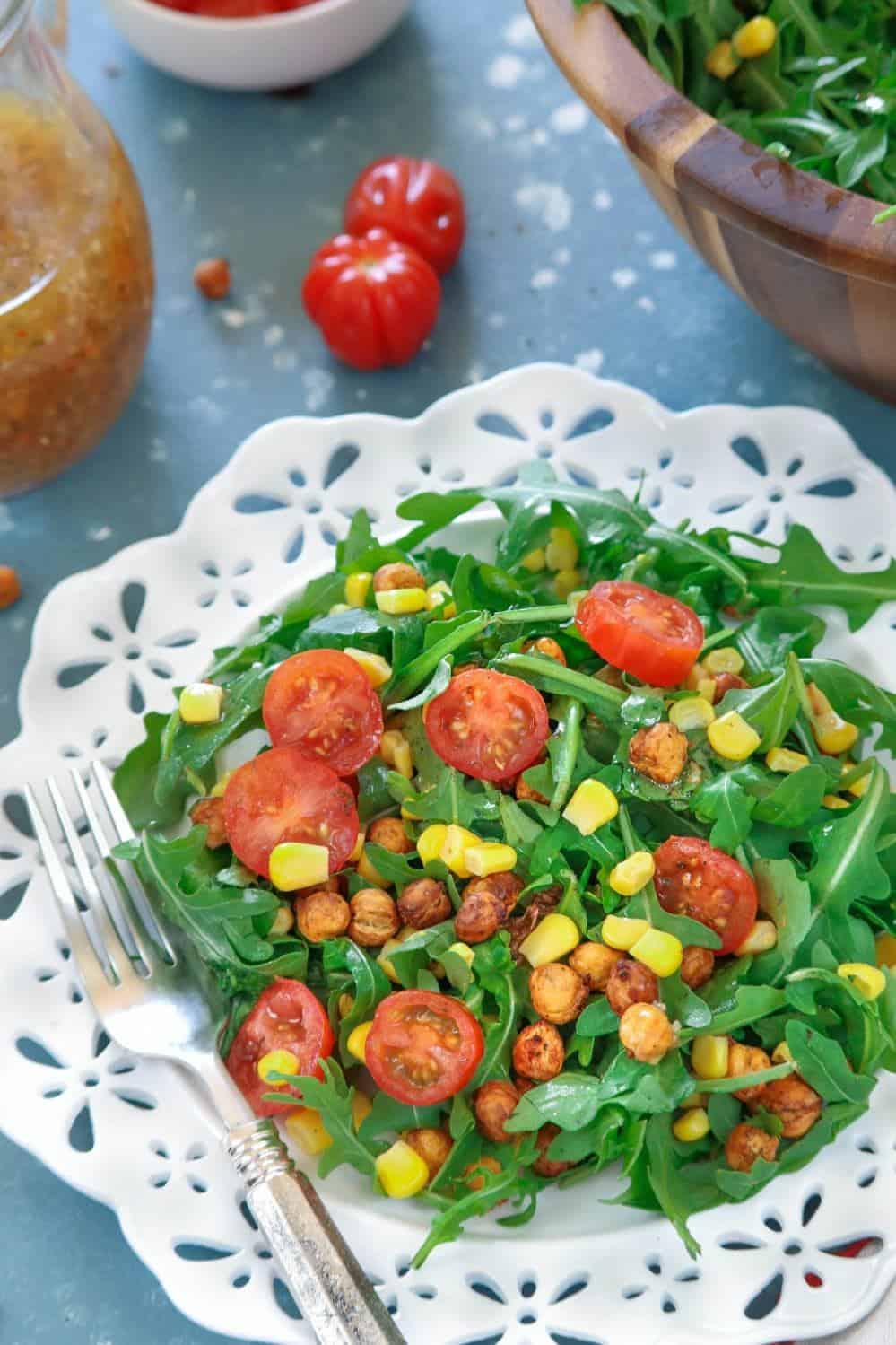 roasted chickpea and arugula salad that is a part of the 15 best cold summer salads