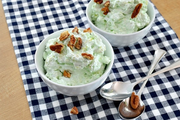 A bowl of Green Stuff dessert