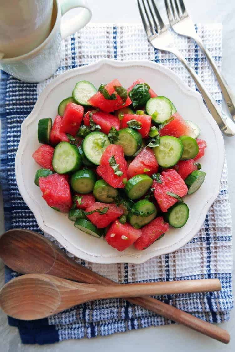 watermelon and cucumber salad that is part of the 15 cold summer salads