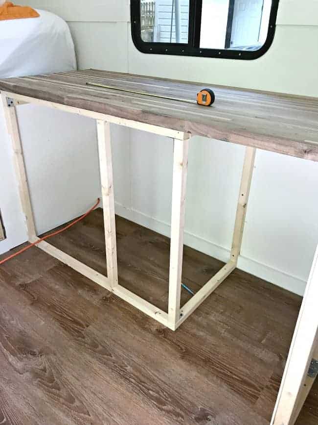 new butcher block countertop and cabinets framed out for our RV renovation 