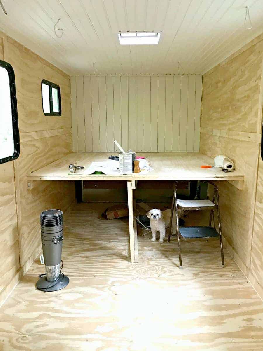 plank ceiling and shiplap wall for our RV renovation 