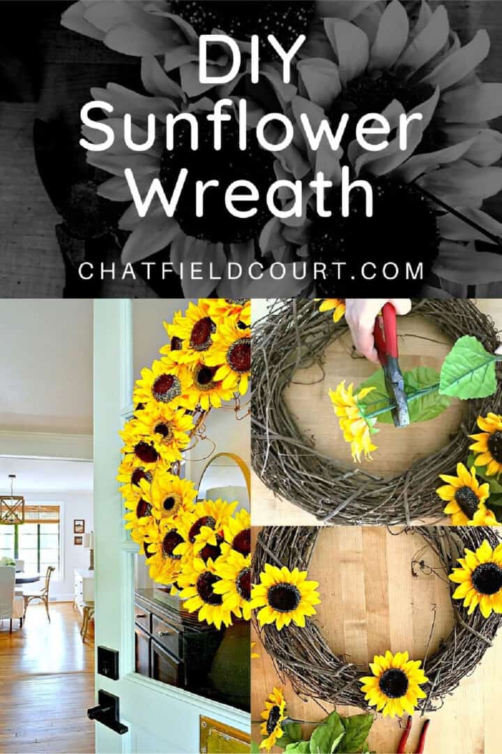 collage of DIY sunflower wreath being made and hanging on door