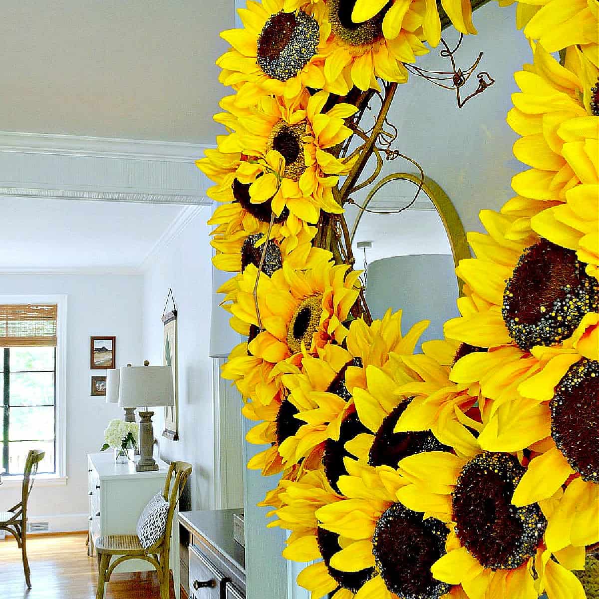 A sunflower wreath on a door