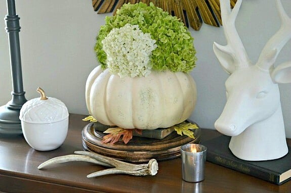 A pumpkin filled with flowers on a table