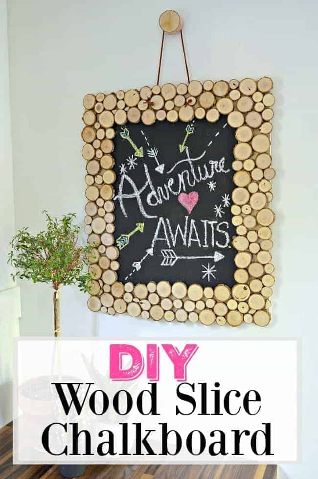 Rustic Wood Slice Chalkboard hanging on white wall with 3 green plants sitting on a wood countertop. Plus a large graphic.