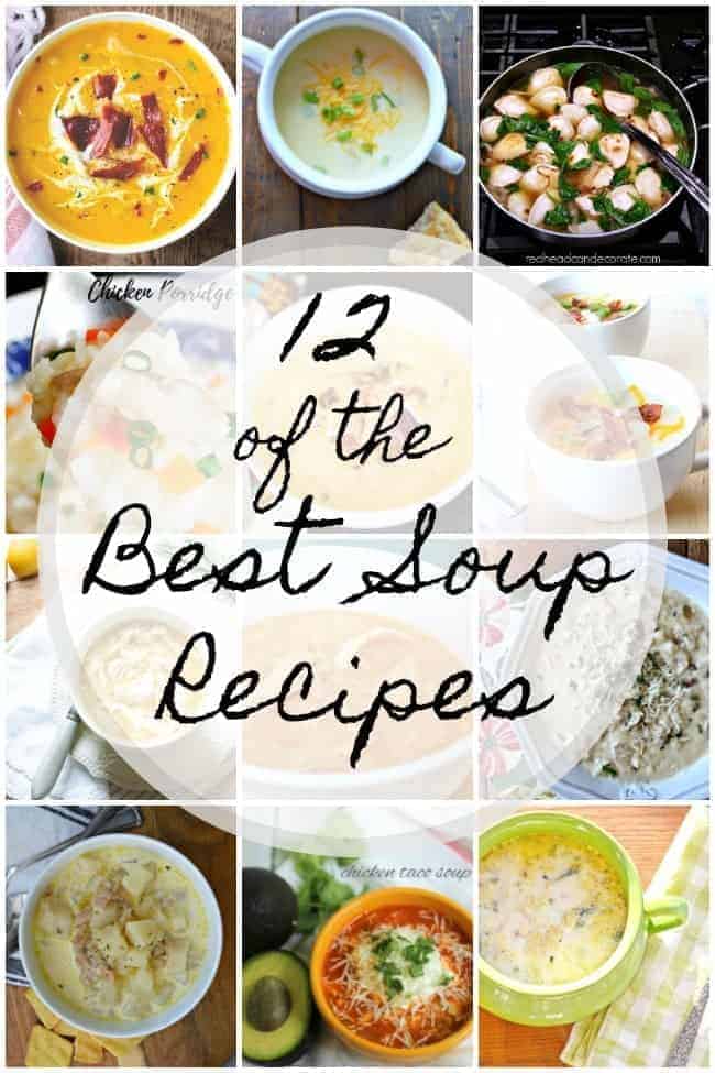 12 different bowls of soup and large graphic for the 12 best soups to make