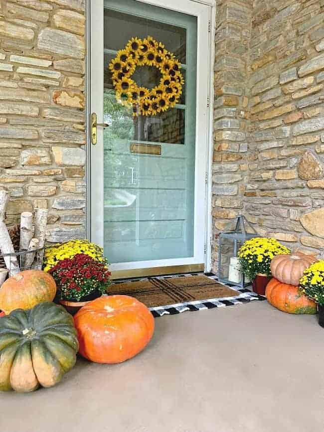 front porch fall decor with blue front door, black and white rug and lots of pumpkins and mums spread around