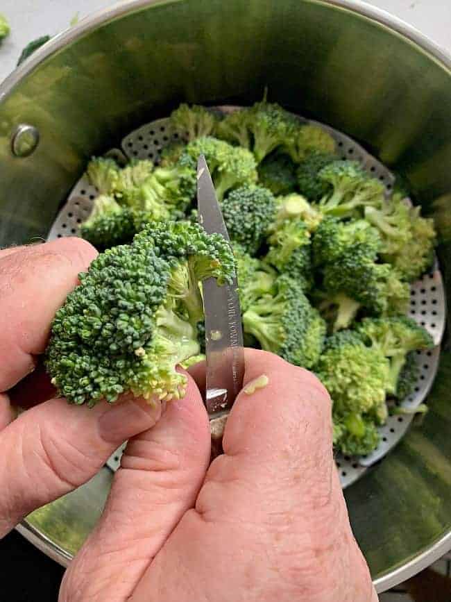 cutting fresh broccoli and adding it to steamer pot