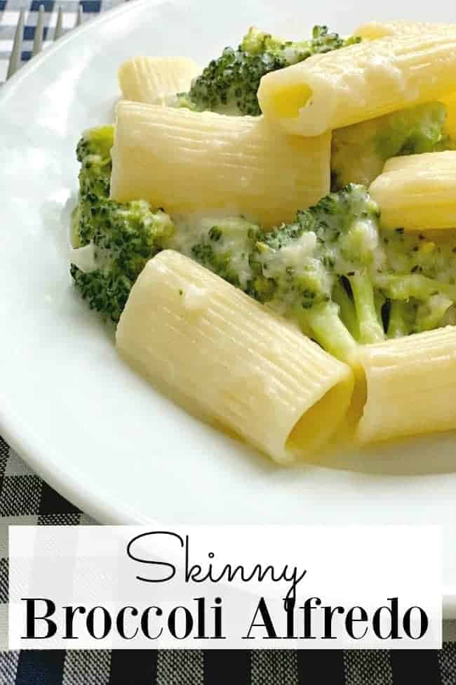 skinny broccoli alfredo on white plate with large graphic