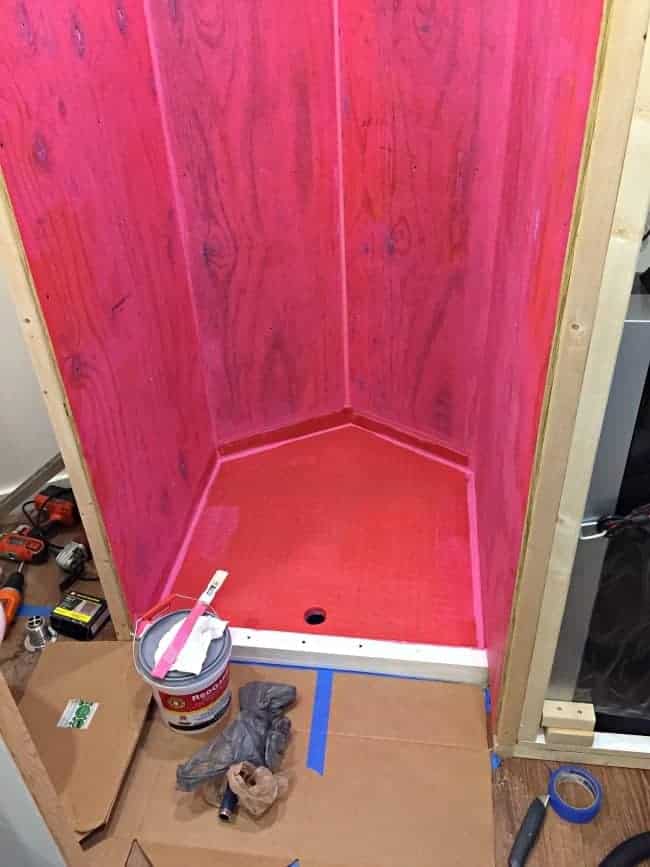  Red Guard waterproofing on walls of DIY cargo trailer shower